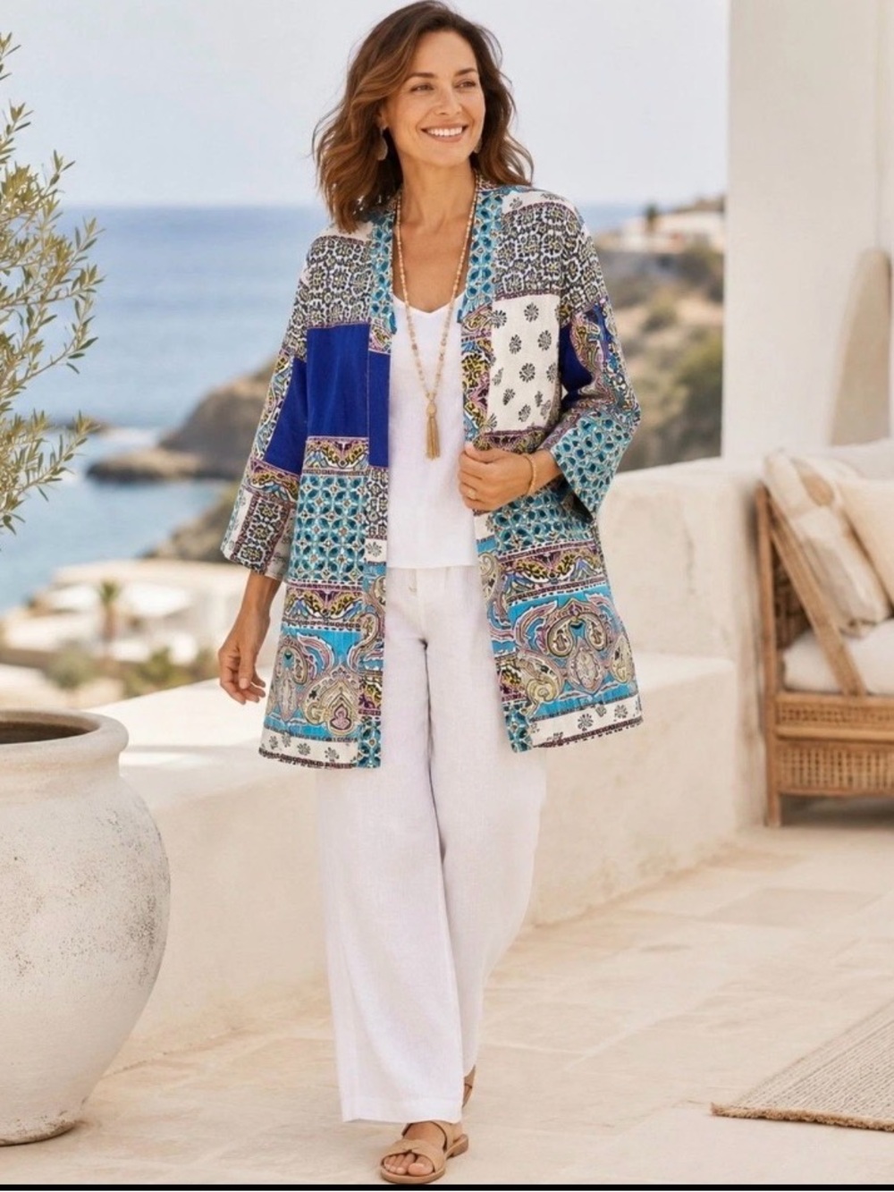 Chico's 100% Linen Patchwork Paisley Kimono Cardigan Open
Front Duster SZ 2(12)